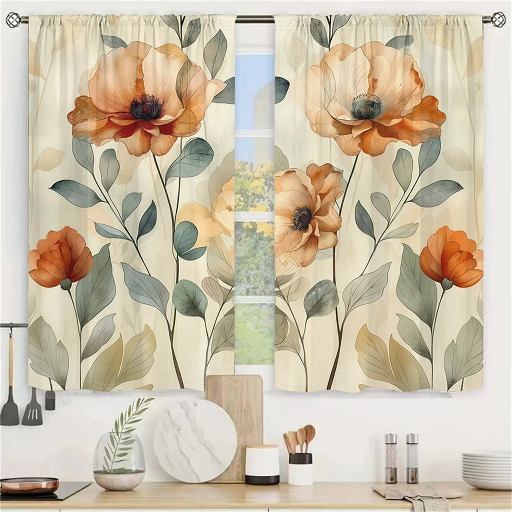 2Pcs Floral Curtains Orange Poppy Pattern