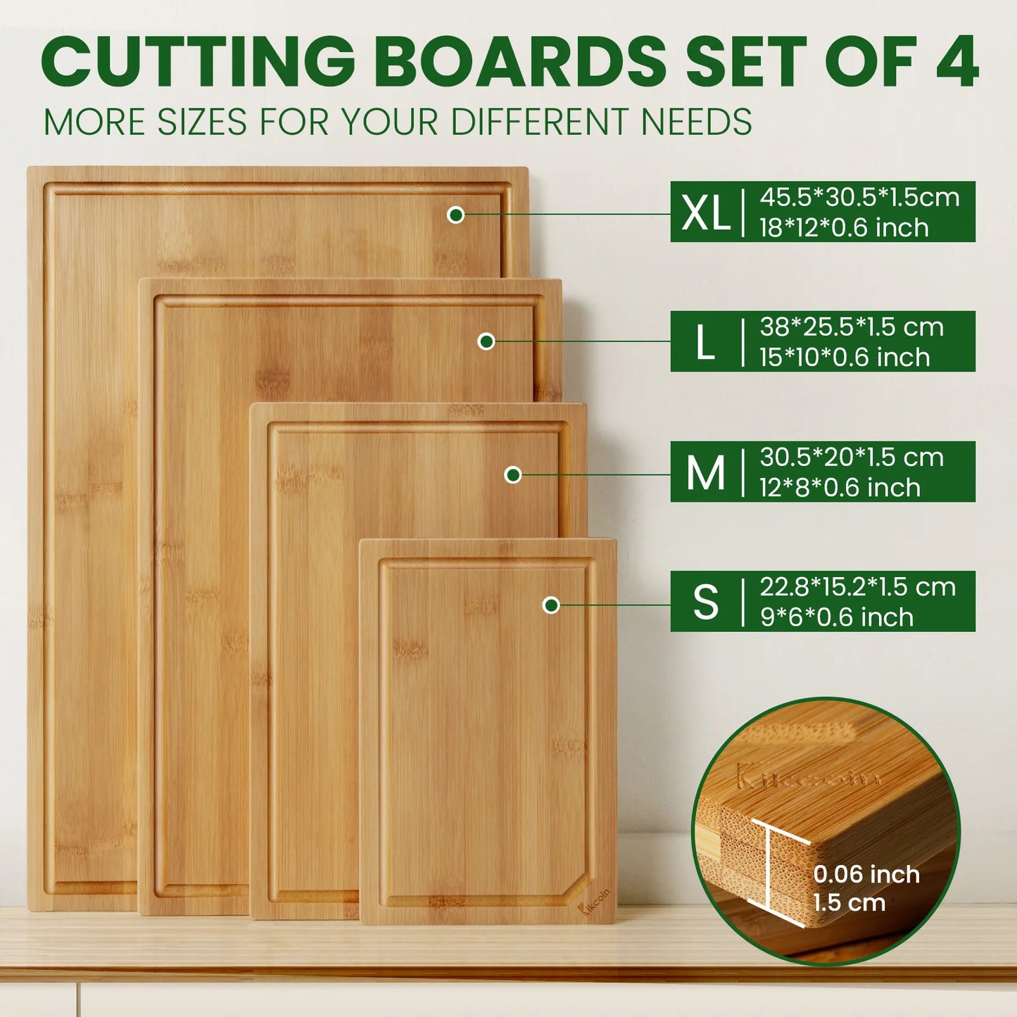 4-piece extra large kitchen bamboo cutting board set