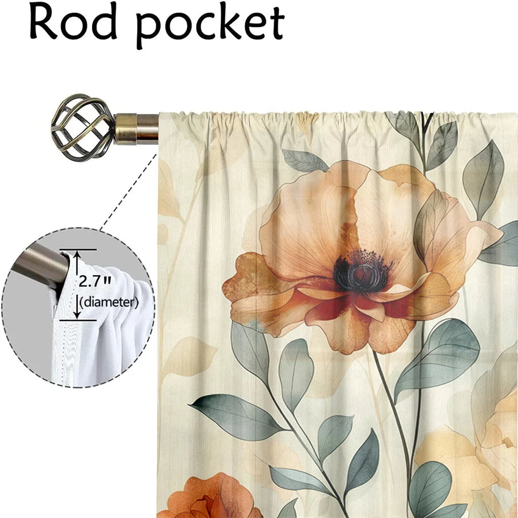 2Pcs Floral Curtains Orange Poppy Pattern