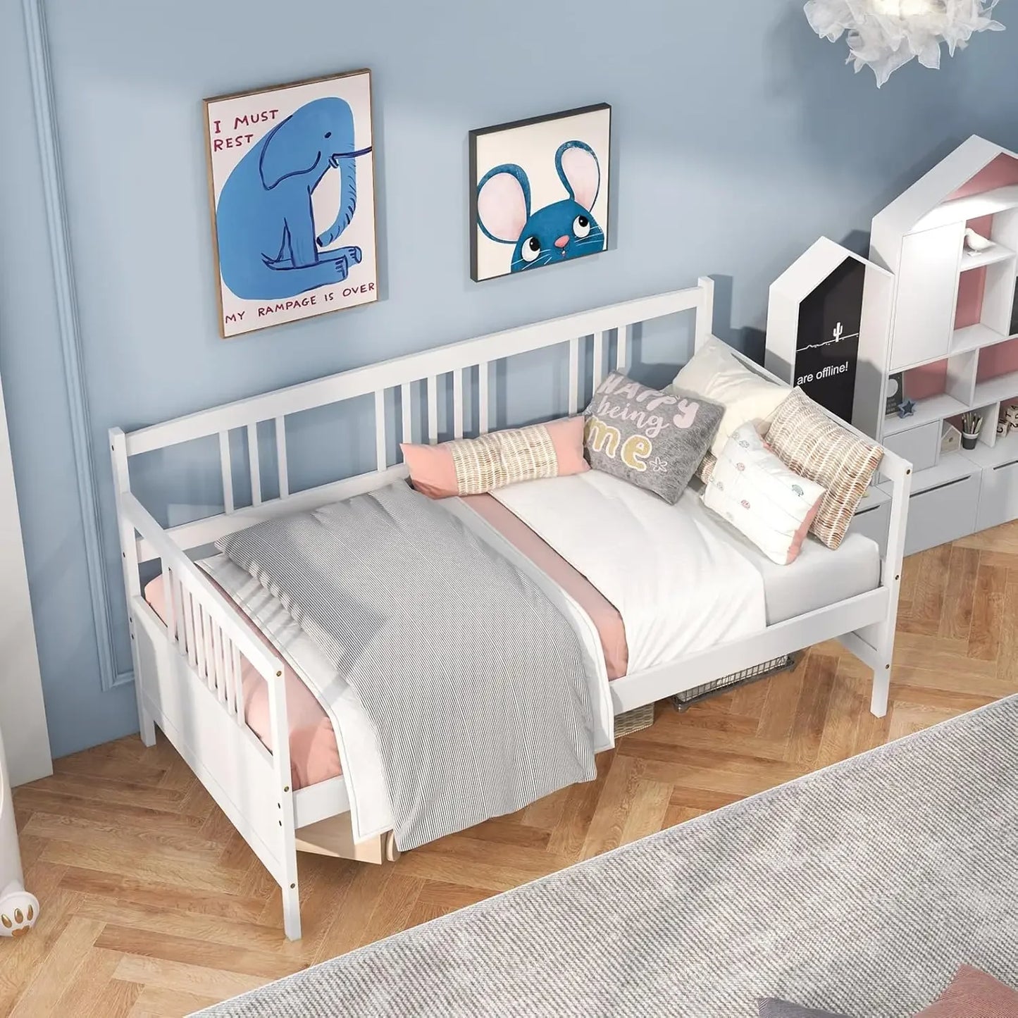 Wooden Sofa Bed with Rails, Twin Size Platform Bed Frame