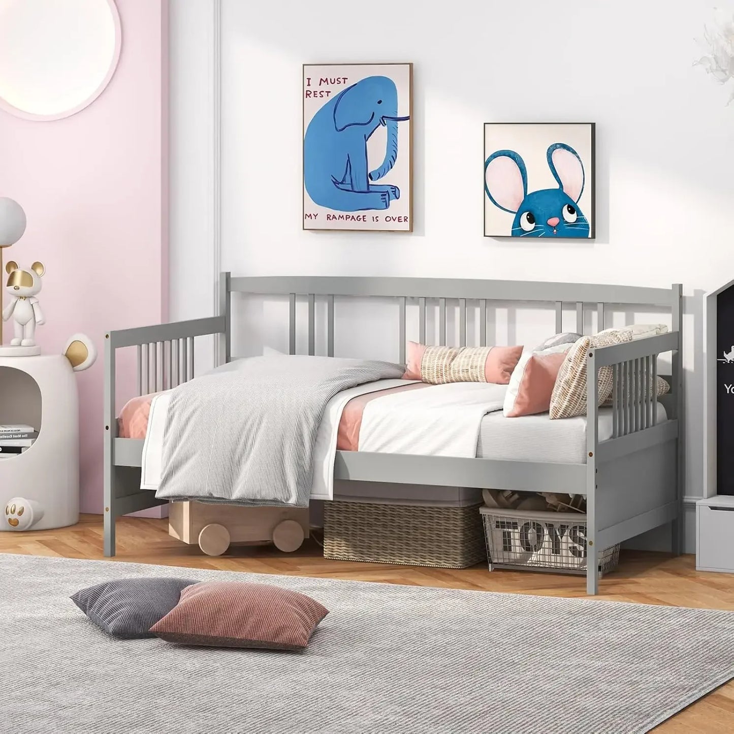 Dual-use Twin Size Platform Bed with Wood Slat Support