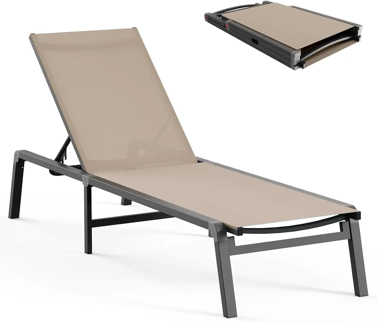 Aluminum Chaise Lounge Ourdoor - Foldable & Assemble Free Outdoor Lounge Chair with 5 Adjustable Backrest, Patio Lounge Chair