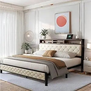 King Size Bed Frame with Storage Headboard with Charging Station