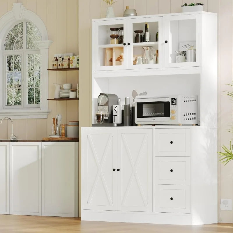 70.9'' Kitchen Pantry Cabinet with Hutch and Microwave stand