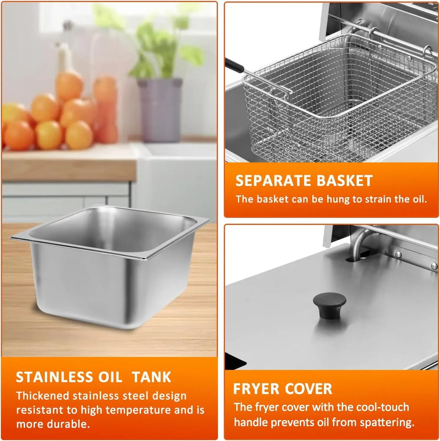Commercial Deep Fryer with Basket, 12.7QT/12L, Stainless Steel