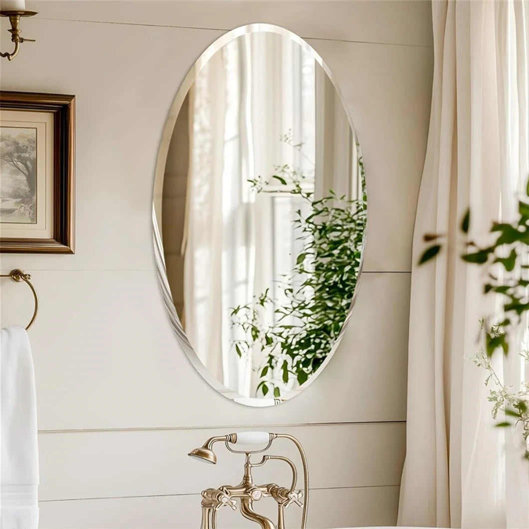Frameless Oval Wall Mirror with Beveled Silver Edge