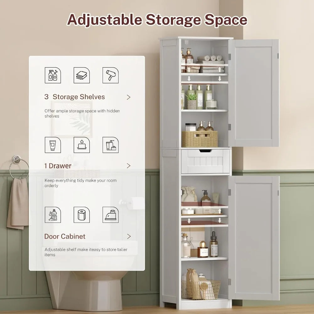 67" H Tall Narrow Bathroom Cabinet with Adjustable Shelves