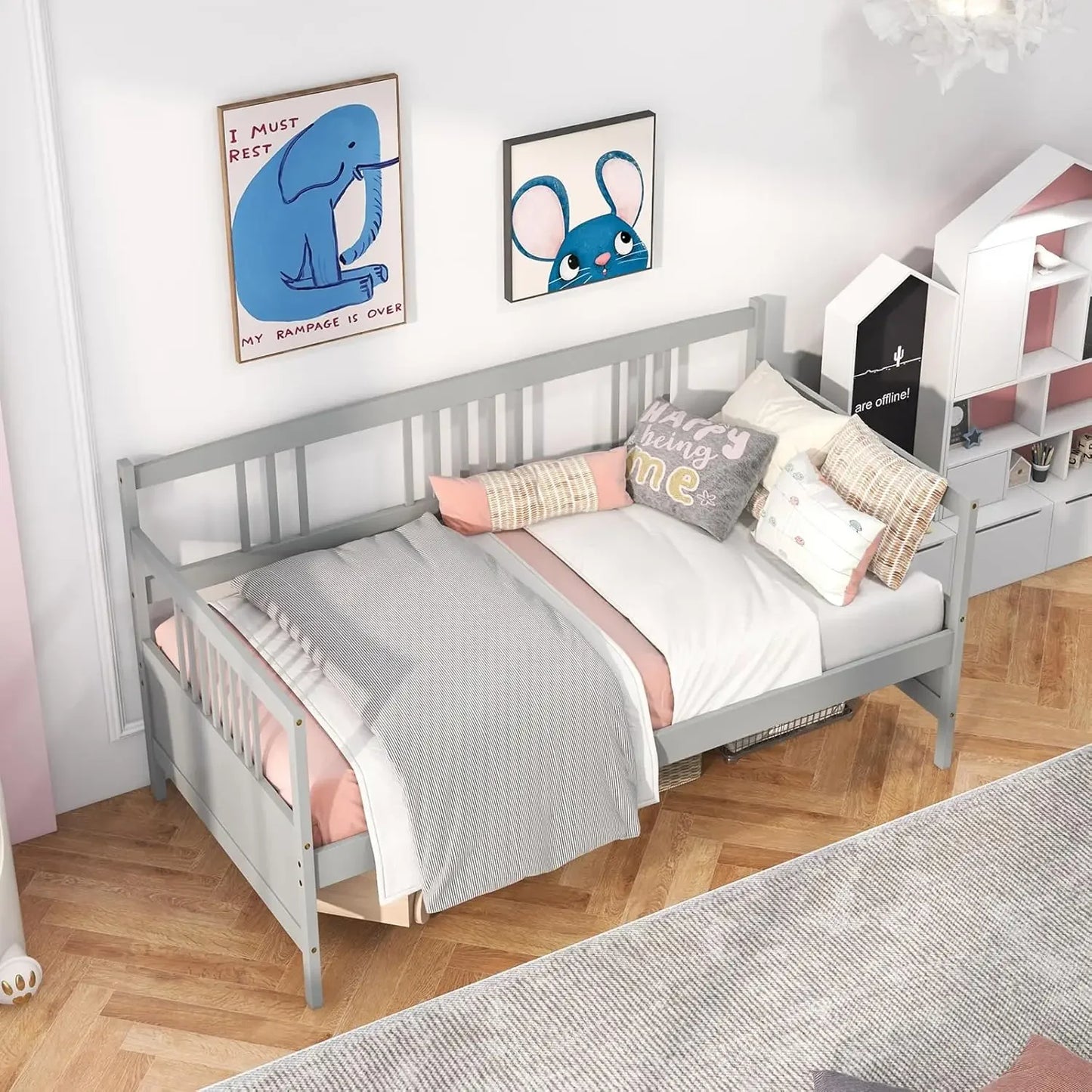 Dual-use Twin Size Platform Bed with Wood Slat Support