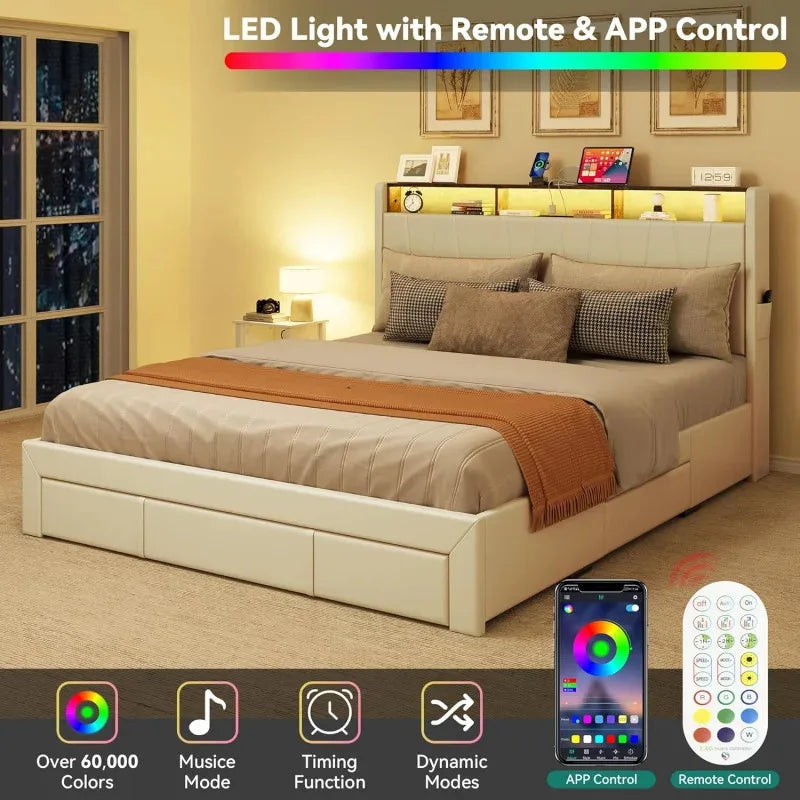 LED Light, Upholstered King Sized Platform Bed with Storage
