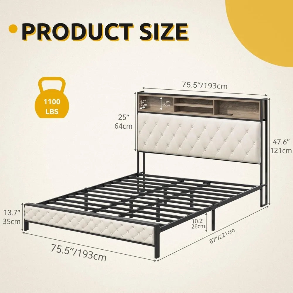 King Size Bed Frame with Storage Headboard with Charging Station