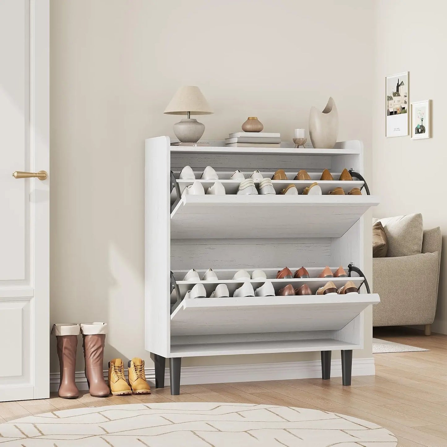 Shoe Storage Cabinet with 2 Flip Drawers with Adjustable Shelf