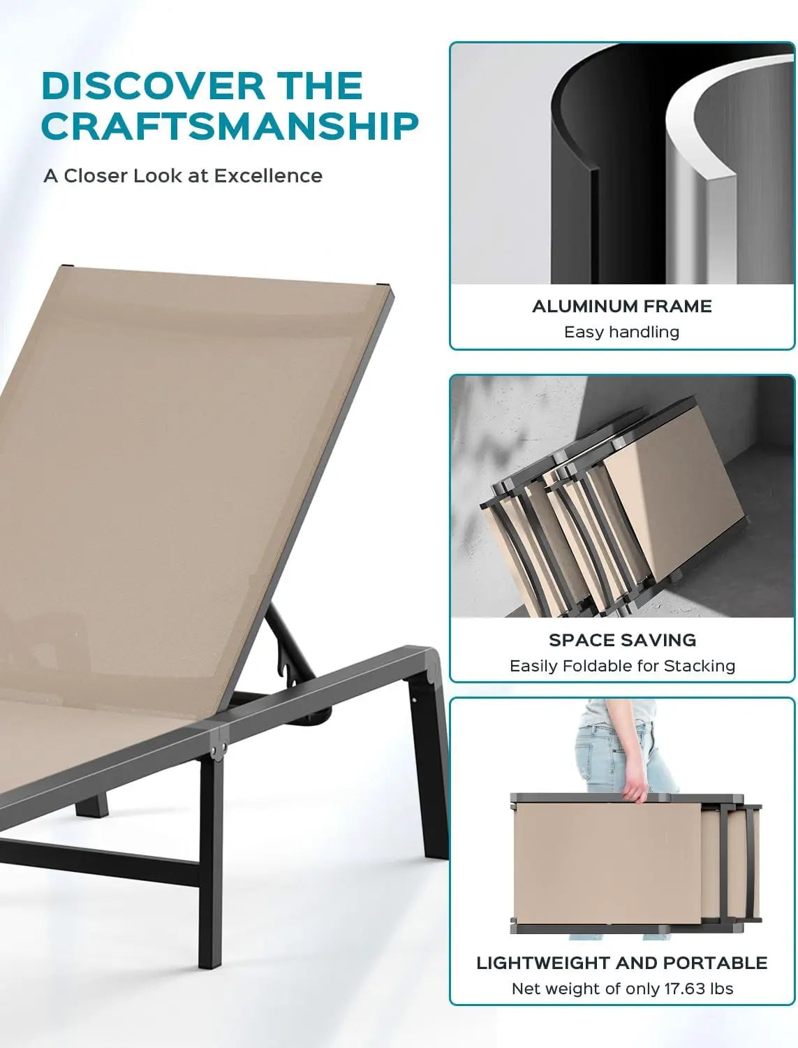 Aluminum Chaise Lounge Ourdoor - Foldable & Assemble Free Outdoor Lounge Chair with 5 Adjustable Backrest, Patio Lounge Chair