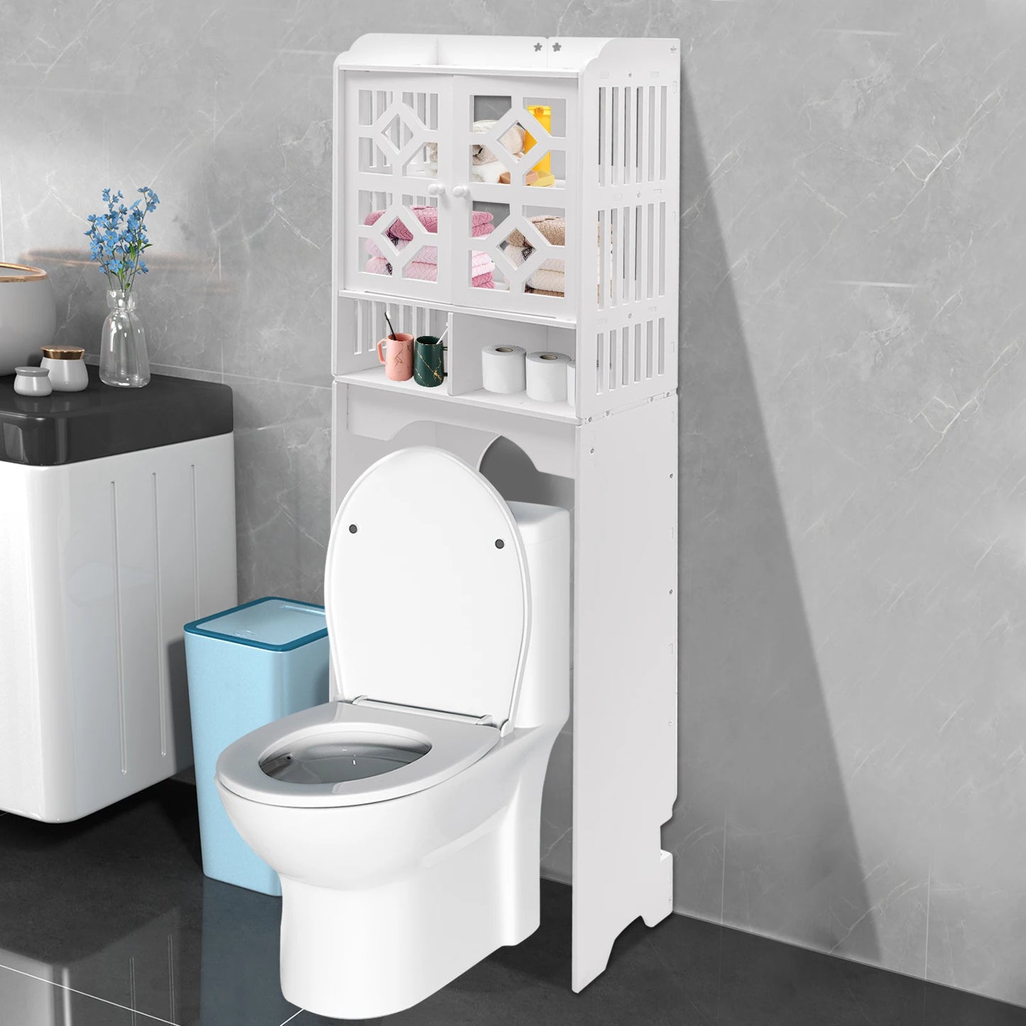 4 Tier Bathroom Over The Toilet Storage Cabinet Raised Leg Smooth Edge Large Capacity/Easy to Install