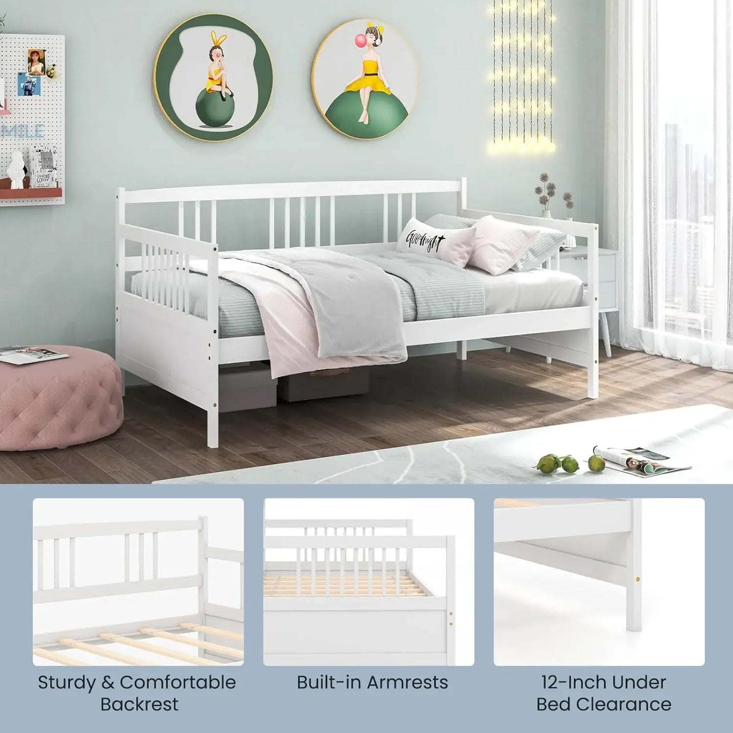 Wooden Sofa Bed with Rails, Twin Size Platform Bed Frame
