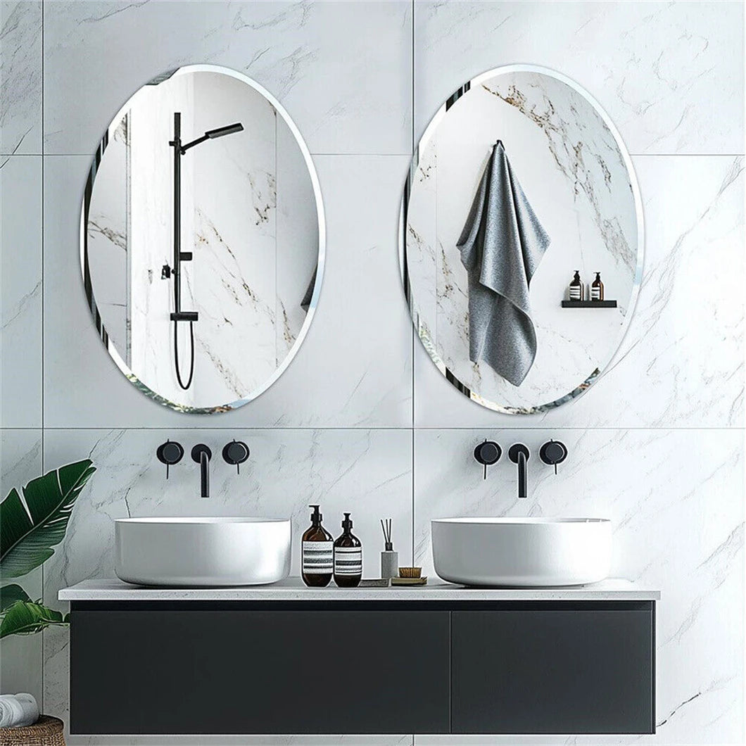 Frameless Oval Wall Mirror with Beveled Silver Edge