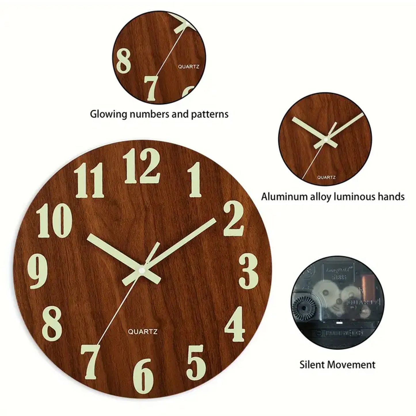 12 Inch Wooden Luminous Wall Clock