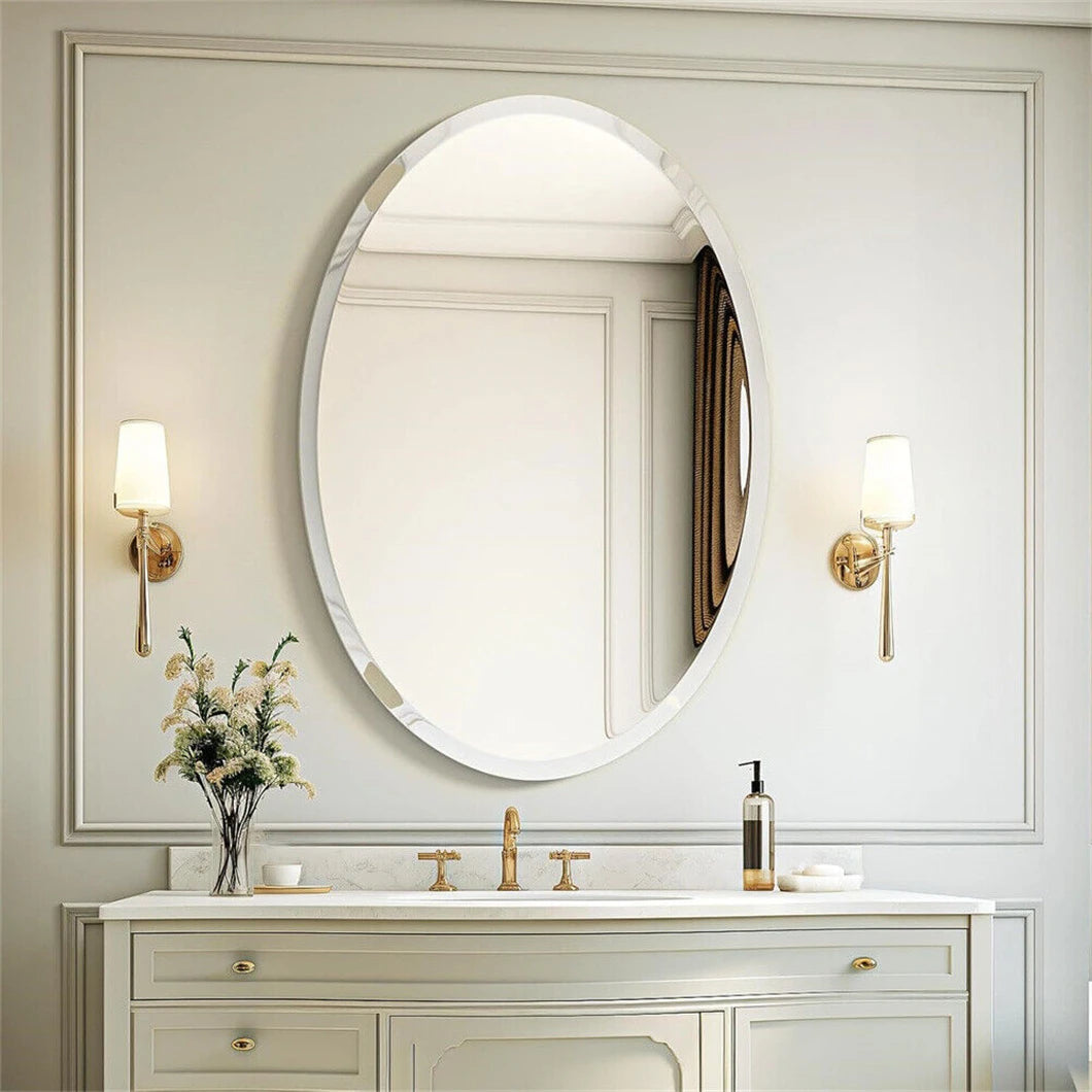 Frameless Oval Wall Mirror with Beveled Silver Edge