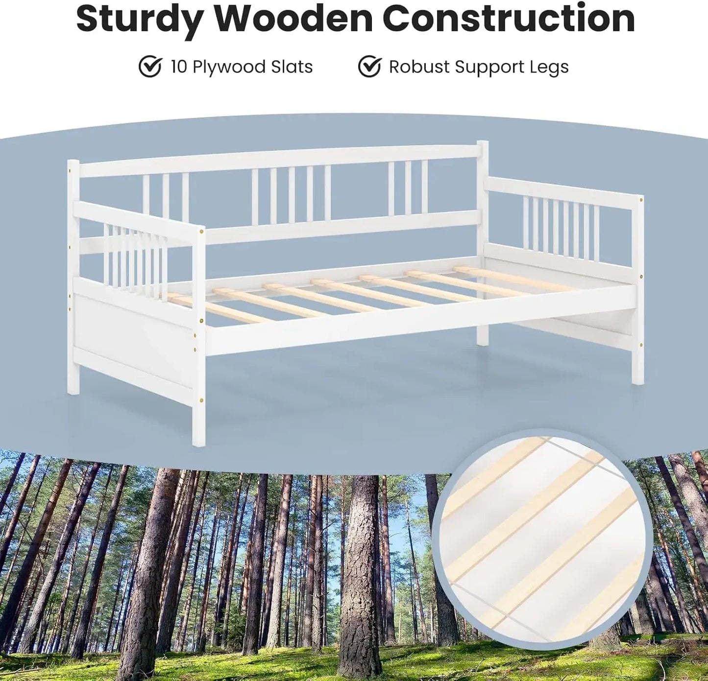 Wooden Sofa Bed with Rails, Twin Size Platform Bed Frame