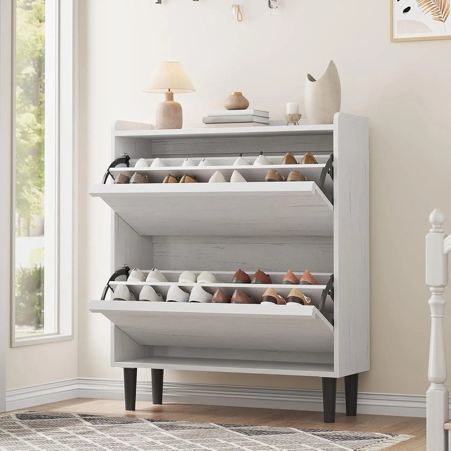 Shoe Storage Cabinet with 2 Flip Drawers with Adjustable Shelf