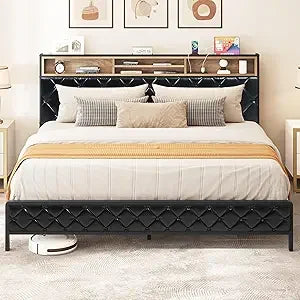 King Size Bed Frame with Storage Headboard with Charging Station
