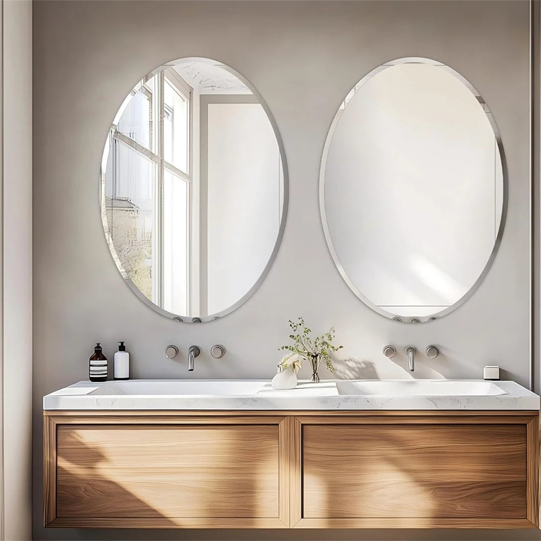 Frameless Oval Wall Mirror with Beveled Silver Edge