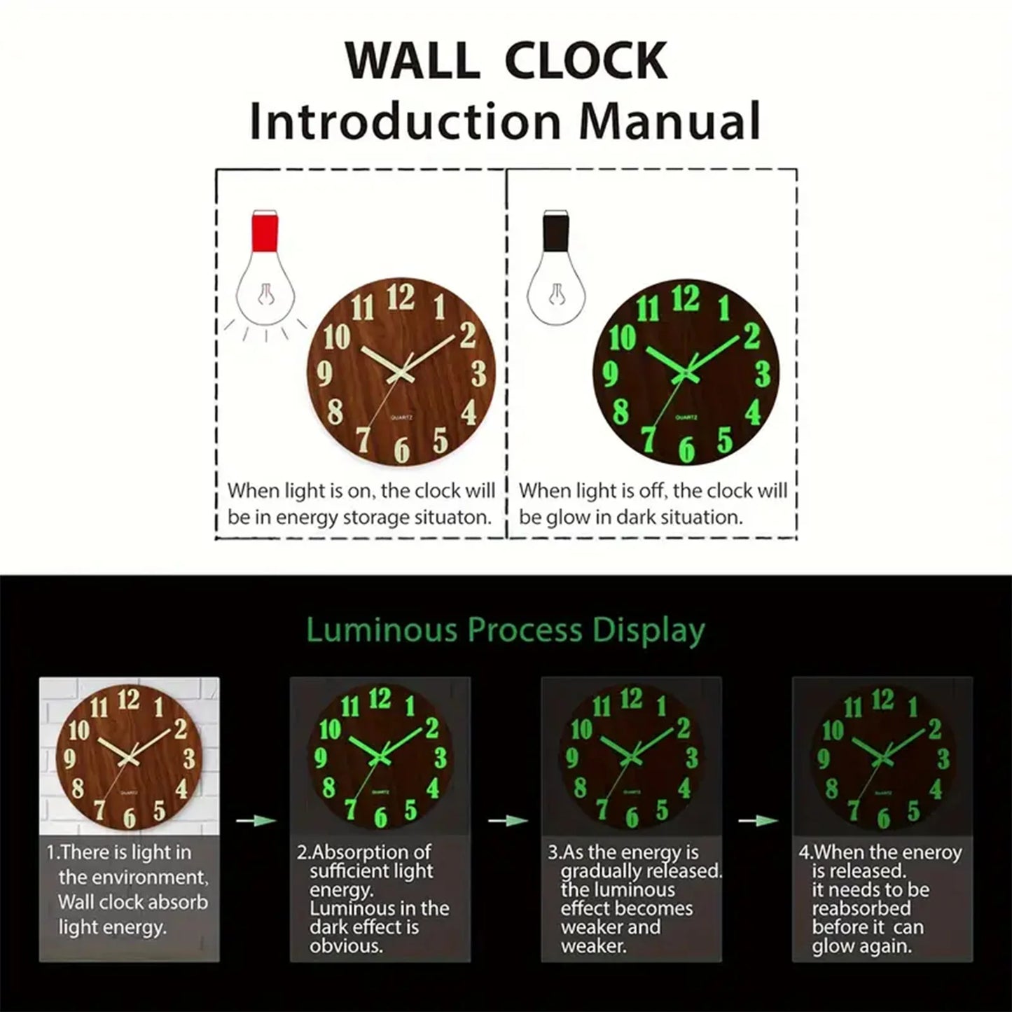 12 Inch Wooden Luminous Wall Clock