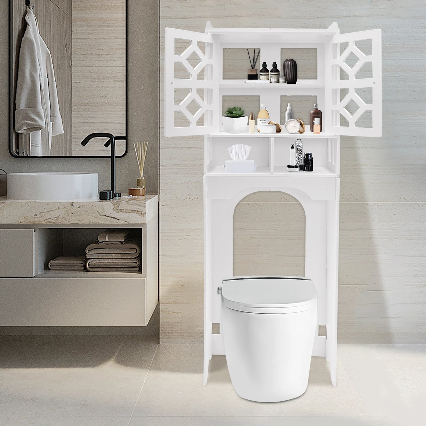 4 Tier Bathroom Over The Toilet Storage Cabinet Raised Leg Smooth Edge Large Capacity/Easy to Install