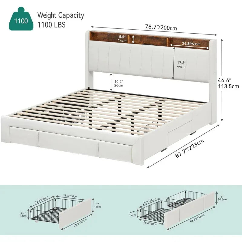 LED Light, Upholstered King Sized Platform Bed with Storage