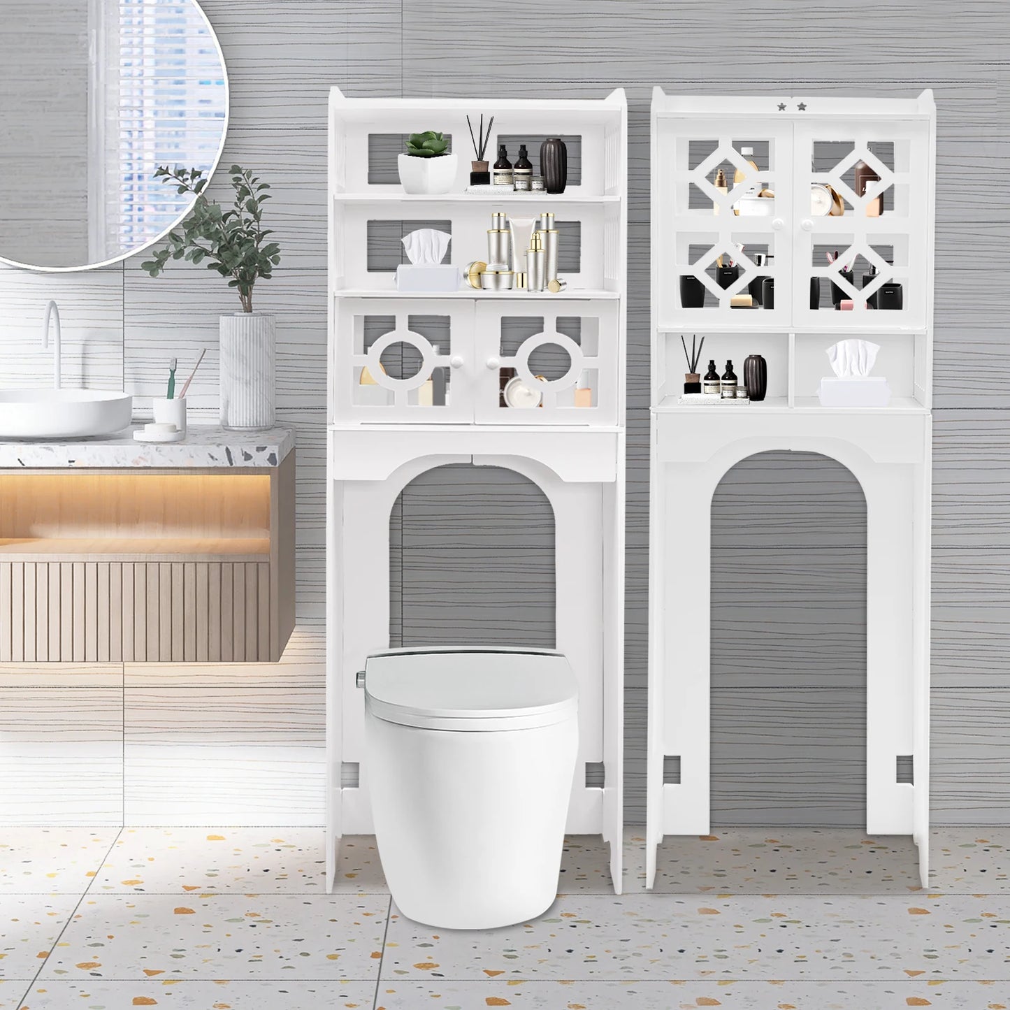 4 Tier Bathroom Over The Toilet Storage Cabinet Raised Leg Smooth Edge Large Capacity/Easy to Install