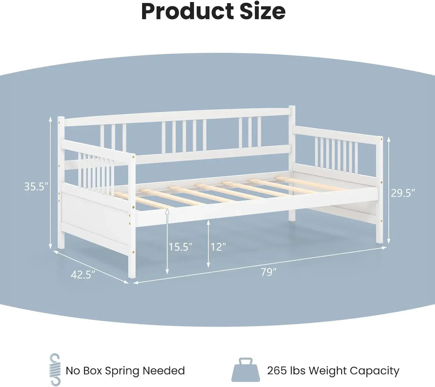 Wooden Sofa Bed with Rails, Twin Size Platform Bed Frame