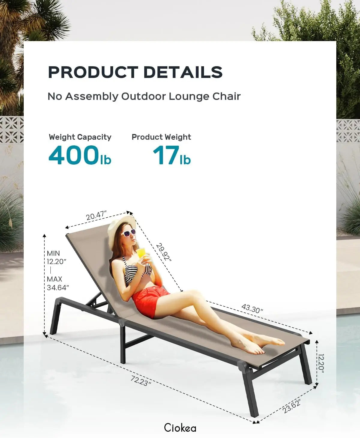 Aluminum Chaise Lounge Ourdoor - Foldable & Assemble Free Outdoor Lounge Chair with 5 Adjustable Backrest, Patio Lounge Chair