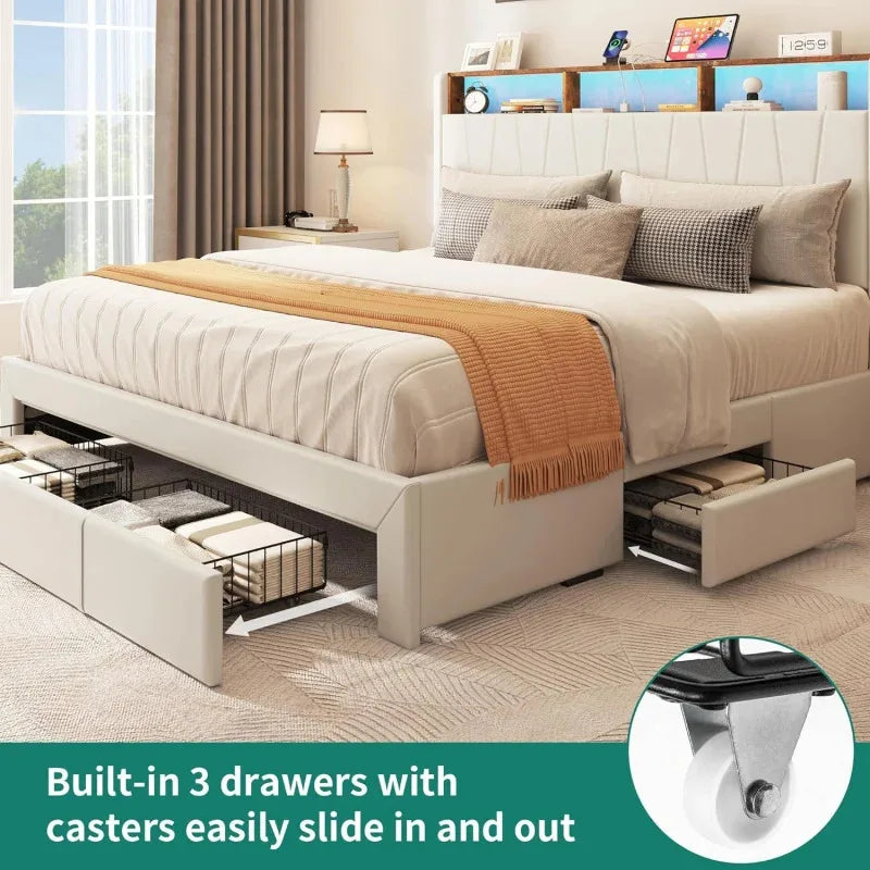 LED Light, Upholstered King Sized Platform Bed with Storage