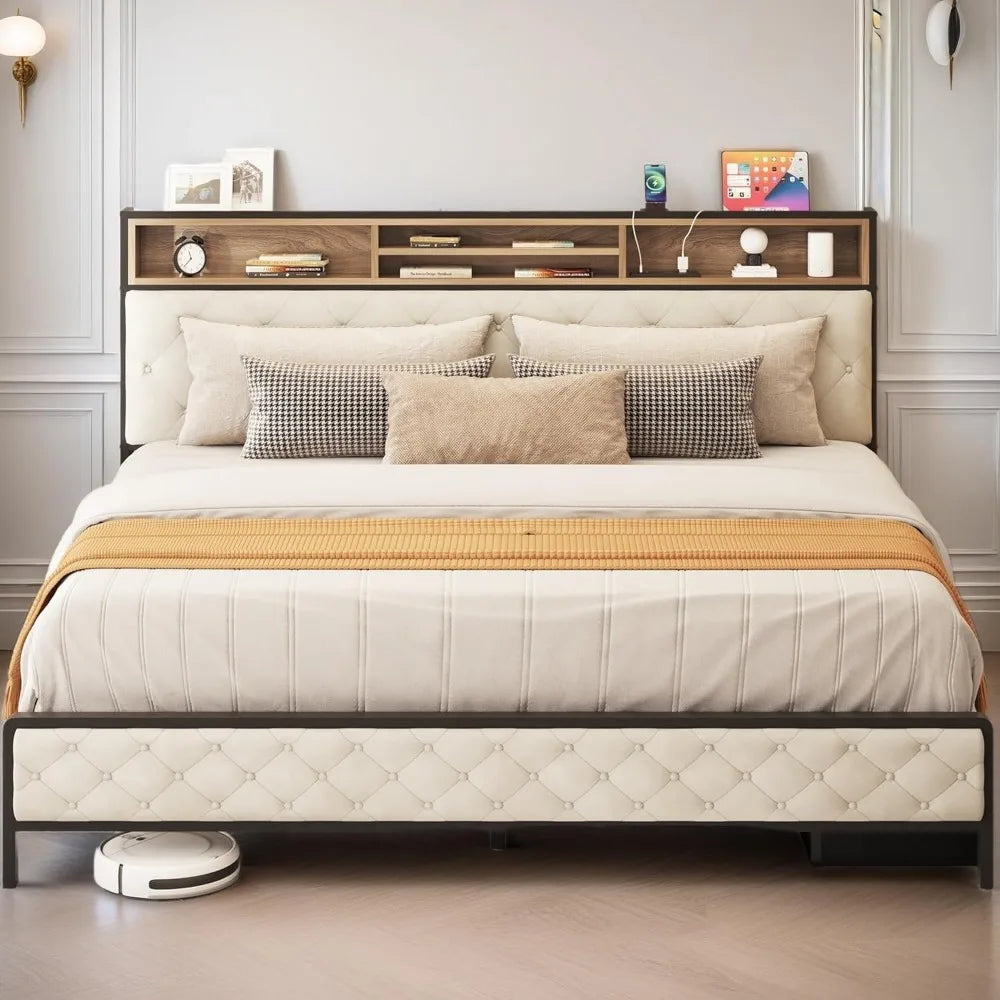 King Size Bed Frame with Storage Headboard with Charging Station