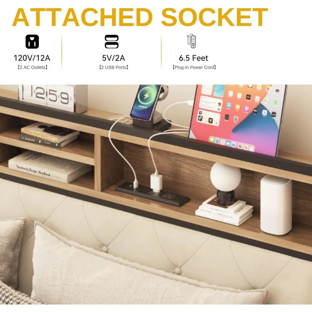 King Size Bed Frame with Storage Headboard with Charging Station
