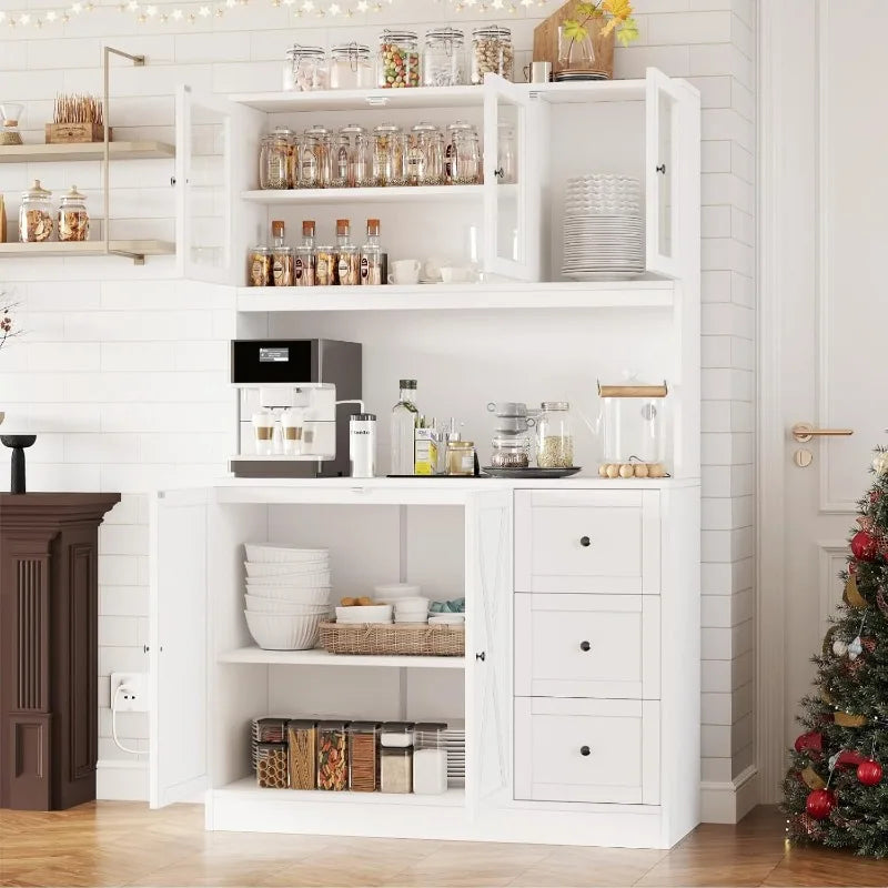 70.9'' Kitchen Pantry Cabinet with Hutch and Microwave stand