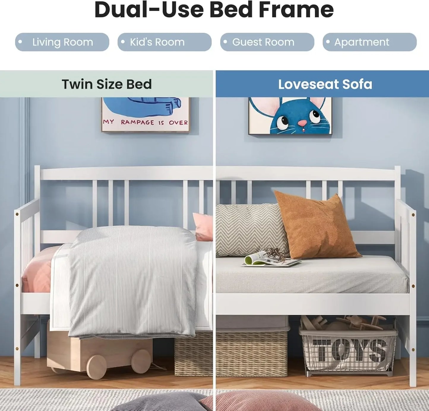 Wooden Sofa Bed with Rails, Twin Size Platform Bed Frame