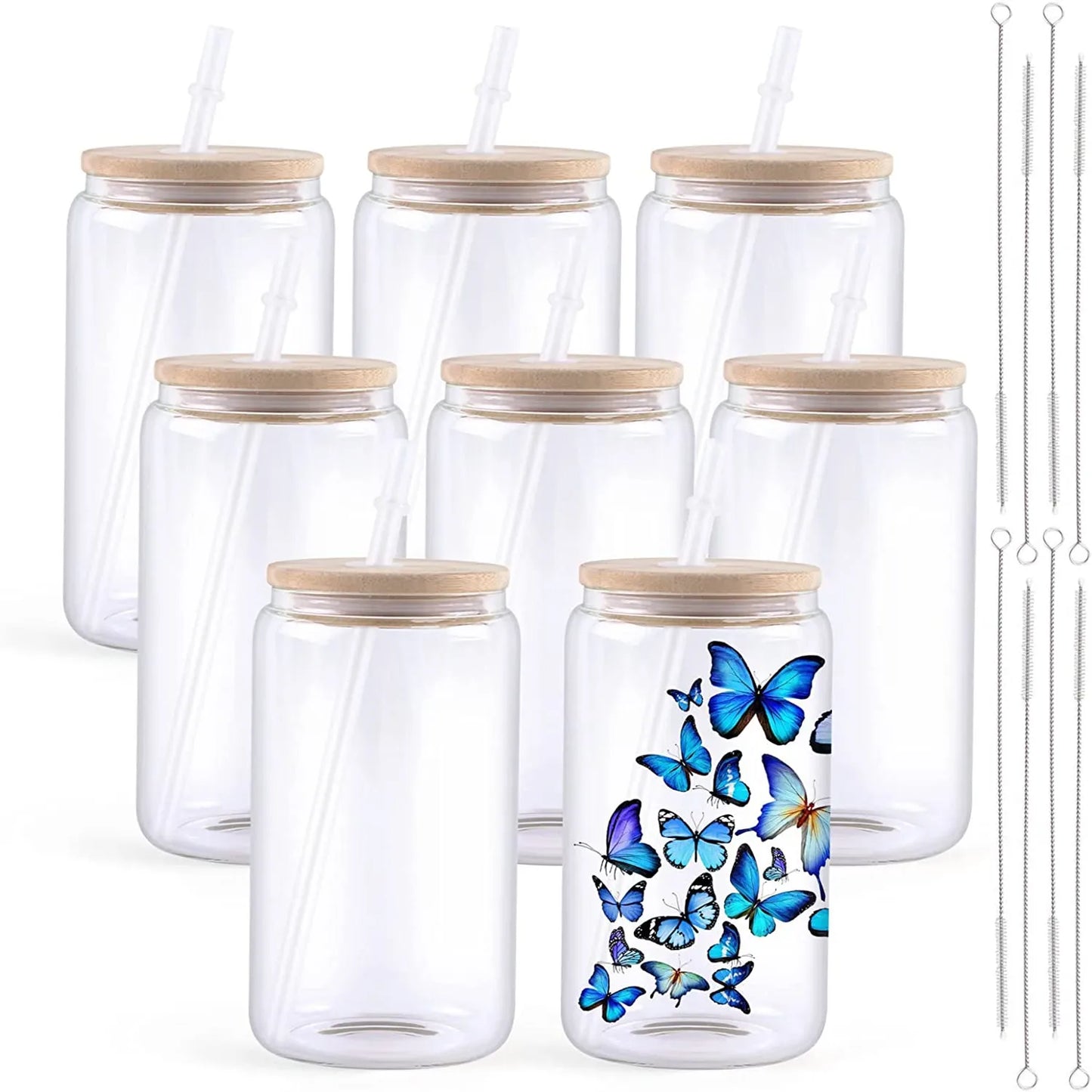 8 Pack 16OZ Frosted/Clear Glass Tumblers with Bamboo Lid