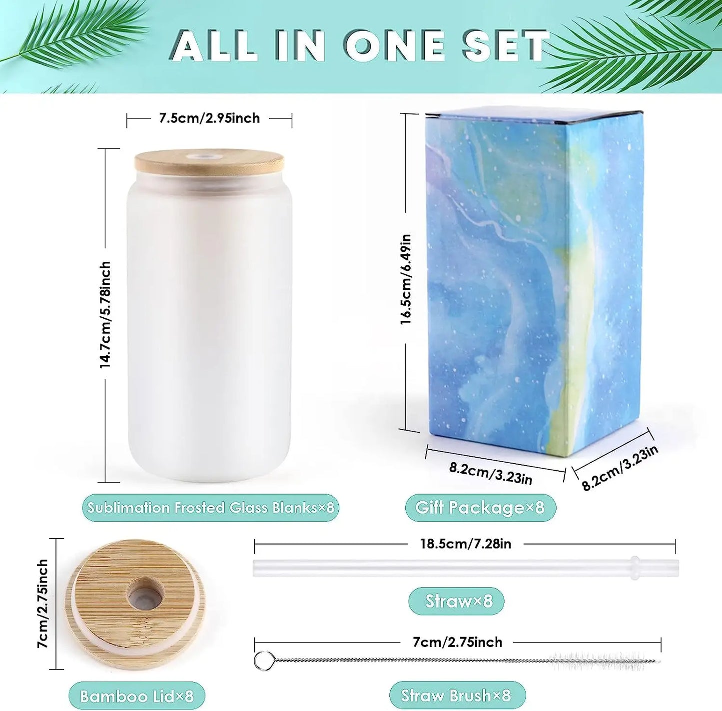 8 Pack 16OZ Frosted/Clear Glass Tumblers with Bamboo Lid