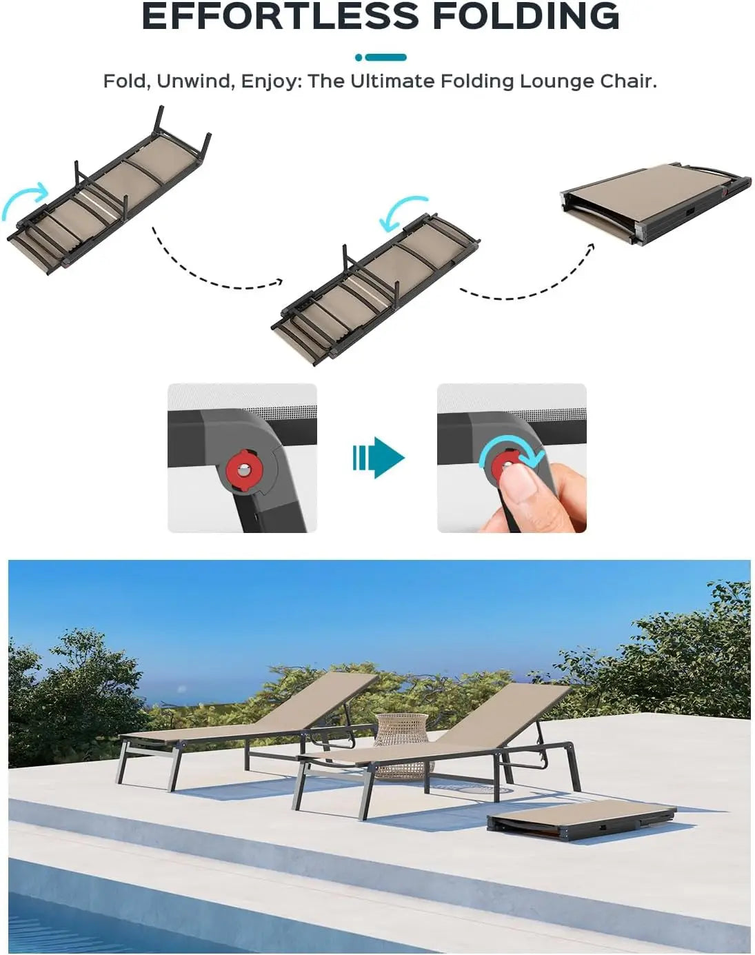Aluminum Chaise Lounge Ourdoor - Foldable & Assemble Free Outdoor Lounge Chair with 5 Adjustable Backrest, Patio Lounge Chair
