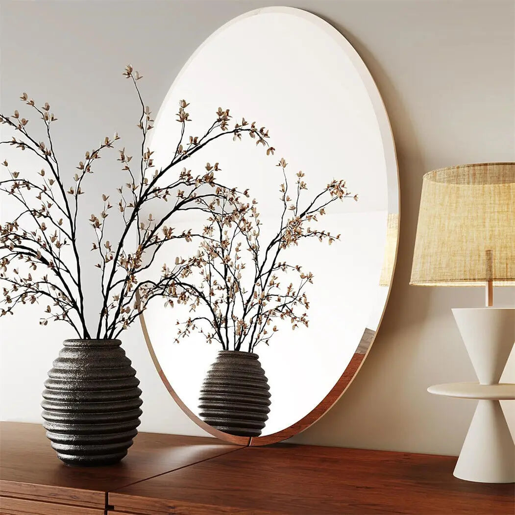 Frameless Oval Wall Mirror with Beveled Silver Edge