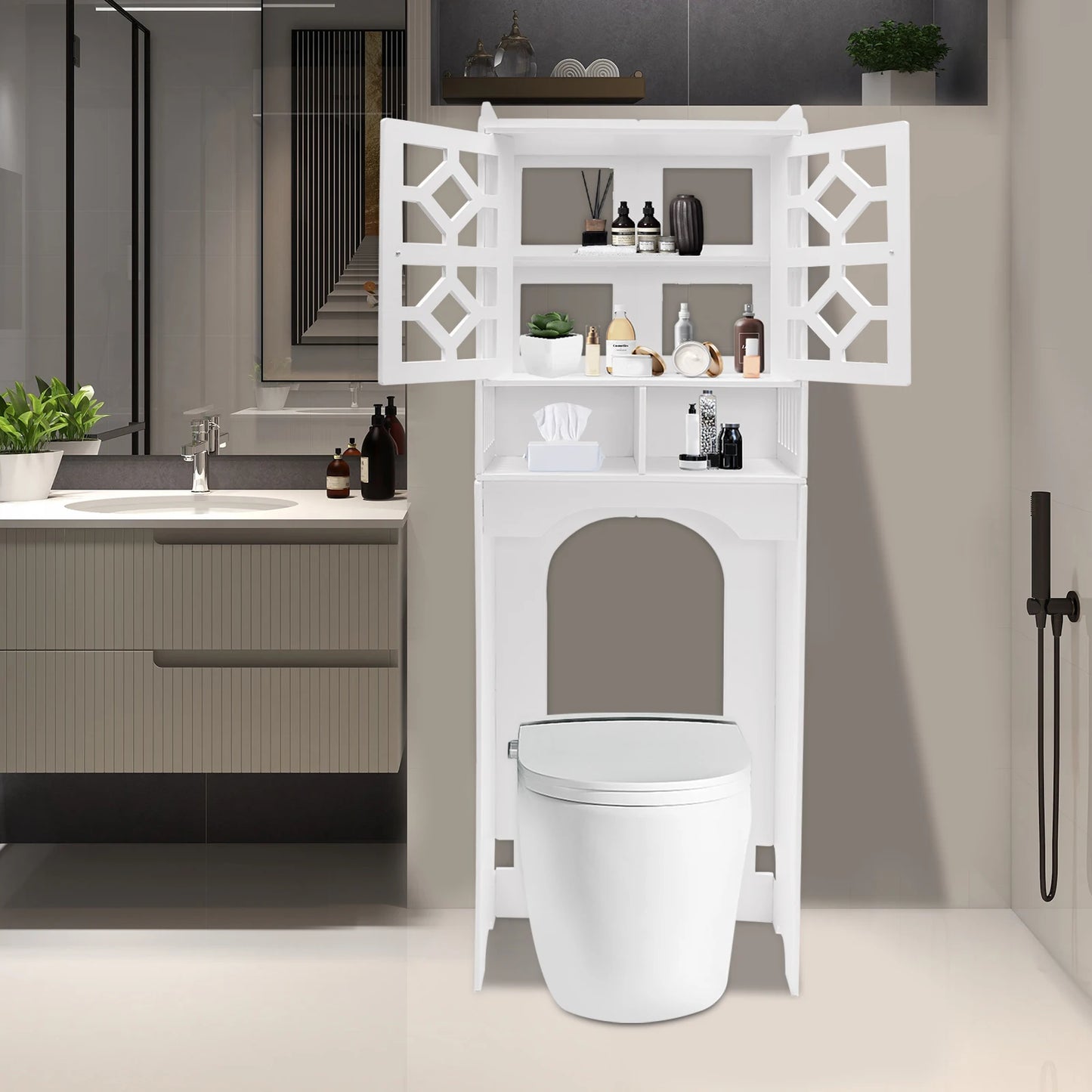 4 Tier Bathroom Over The Toilet Storage Cabinet Raised Leg Smooth Edge Large Capacity/Easy to Install