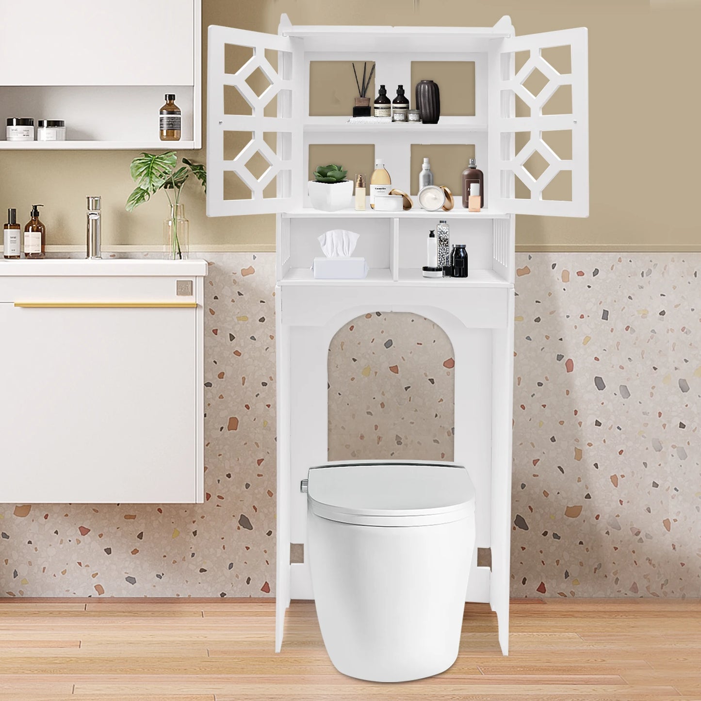 4 Tier Bathroom Over The Toilet Storage Cabinet Raised Leg Smooth Edge Large Capacity/Easy to Install