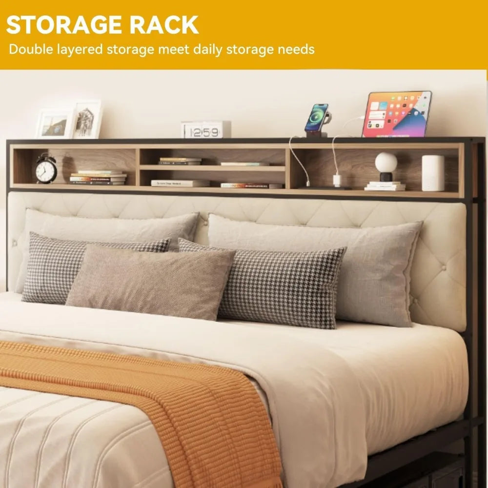 King Size Bed Frame with Storage Headboard with Charging Station