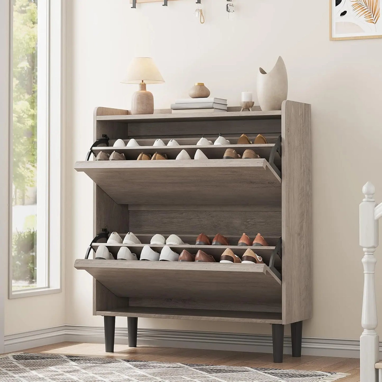 Shoe Storage Cabinet with 2 Flip Drawers with Adjustable Shelf