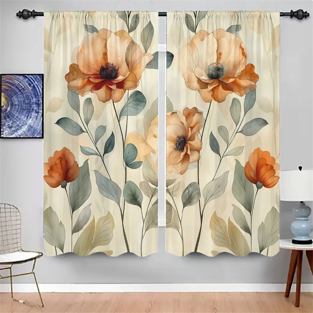 2Pcs Floral Curtains Orange Poppy Pattern