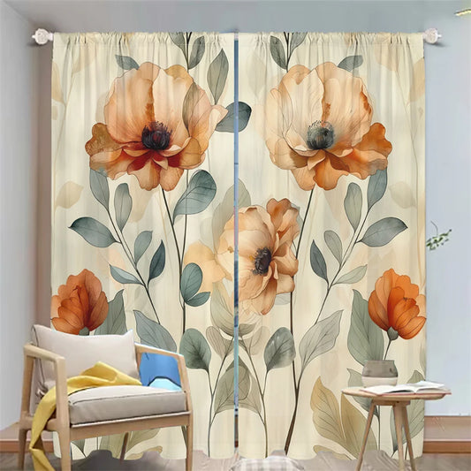 2Pcs Floral Curtains Orange Poppy Pattern
