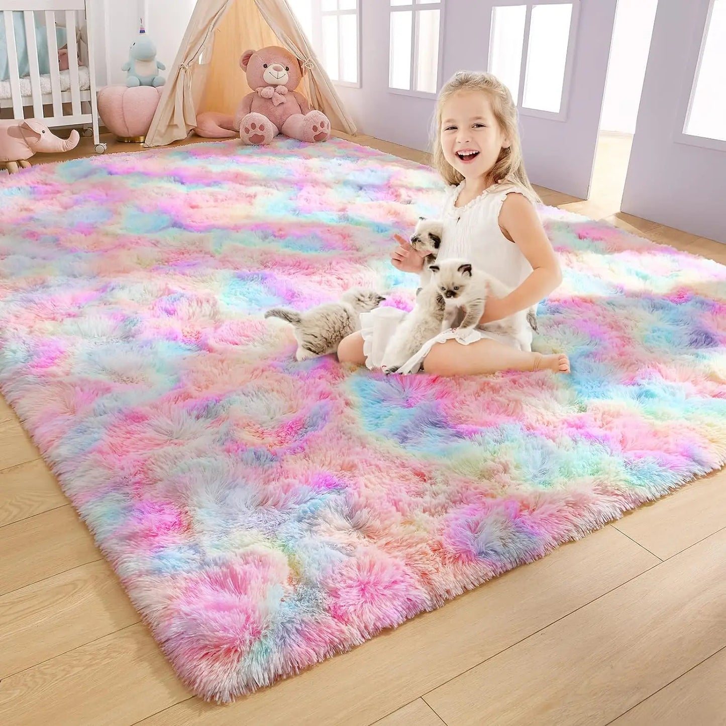 Soft Fluffy Rainbow Rugs for Bedroom, Plush Carpet
