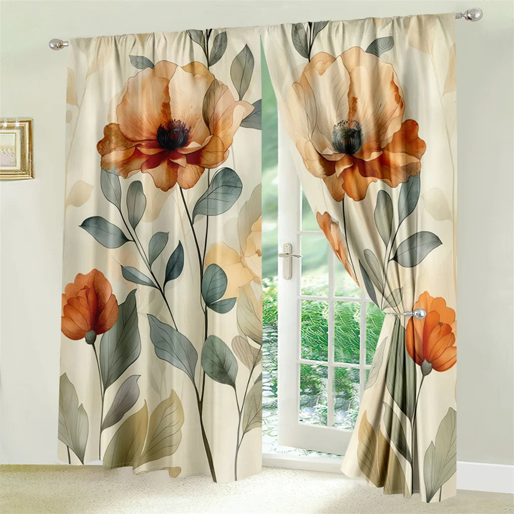 2Pcs Floral Curtains Orange Poppy Pattern