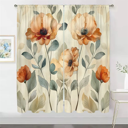 2Pcs Floral Curtains Orange Poppy Pattern