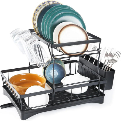 2-Tier Stainless Steel Dish Drying Rack – Large Kitchen Countertop Organizer with Drainer & Cutlery Holder